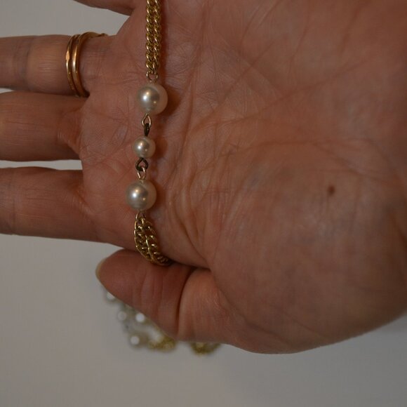 Necklace Two Lanes Golden Tone Chain Faux White Pearl Beads linked Length-11.5' - Picture 4 of 4